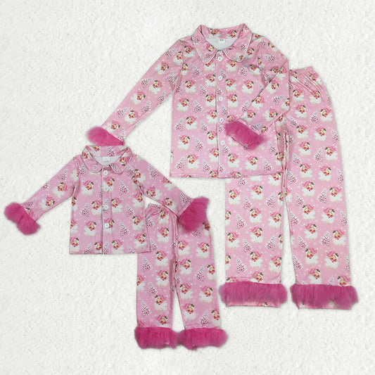 10.20 RTS Mama and Me Pink Trees Santa Button Top Pants Christmas Fur Sleeve Pajamas Sets