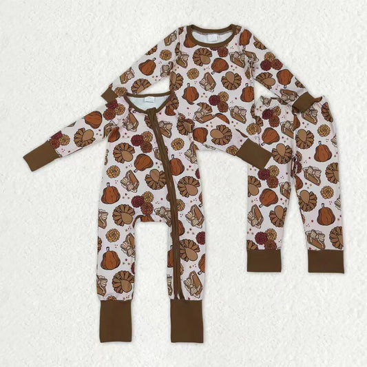 10.20 RTS Sibling Baby Girls Turkey Pumpkins Top Pants Thanksgiving Pajamas Sets Zipper Footie Rompers