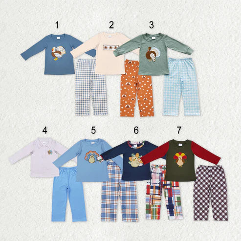 9.22 RTS Sibling Baby Boys Embroidery Turkey Long Sleeves Pants Thanksgiving Clothes Sets
