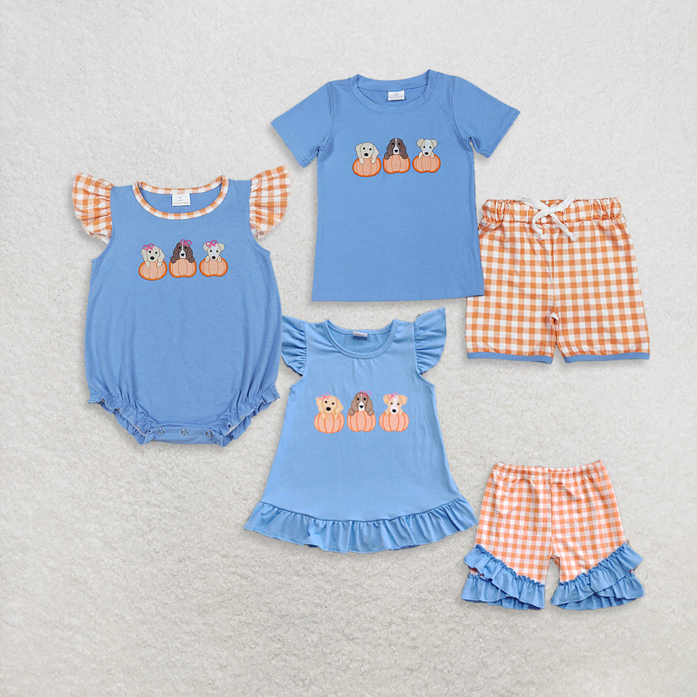 RTS Sibling Baby Girls Boys and Girls Plaid Shorts Rompers Short Sleeves Pumpkin Dog Top Fall Clothes for Kids