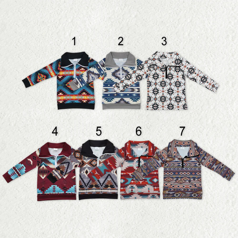 10.3 RTS Sibling Baby Boys Western Aztec Long Sleeves Zipper Pullover Tops