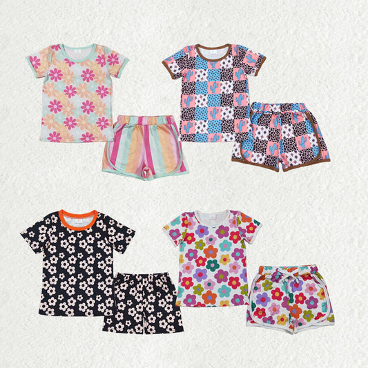 10.18 RTS Sibling Baby Girls Flowers Plaid Tee Shirts Shorts Summer Clothes Sets