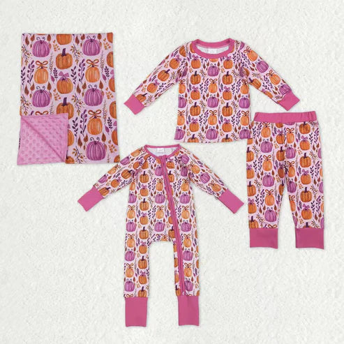 9.22 RTS Sibling Baby Kids Hot Pink Pumpkins Floral Pajamas Sets Zipper Footie Rompers Blankets