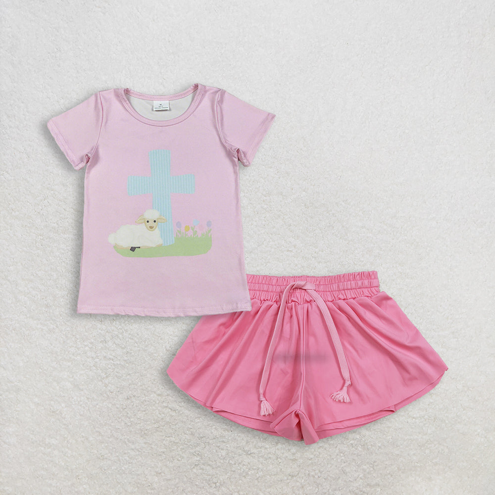 3.5 RTS NO MOQ (In stock)GT1394 + SS0546 Baby Girls Pink Short Sleeve Cross Sheep Easter T-shirts Top Summer Shorts Bottoms