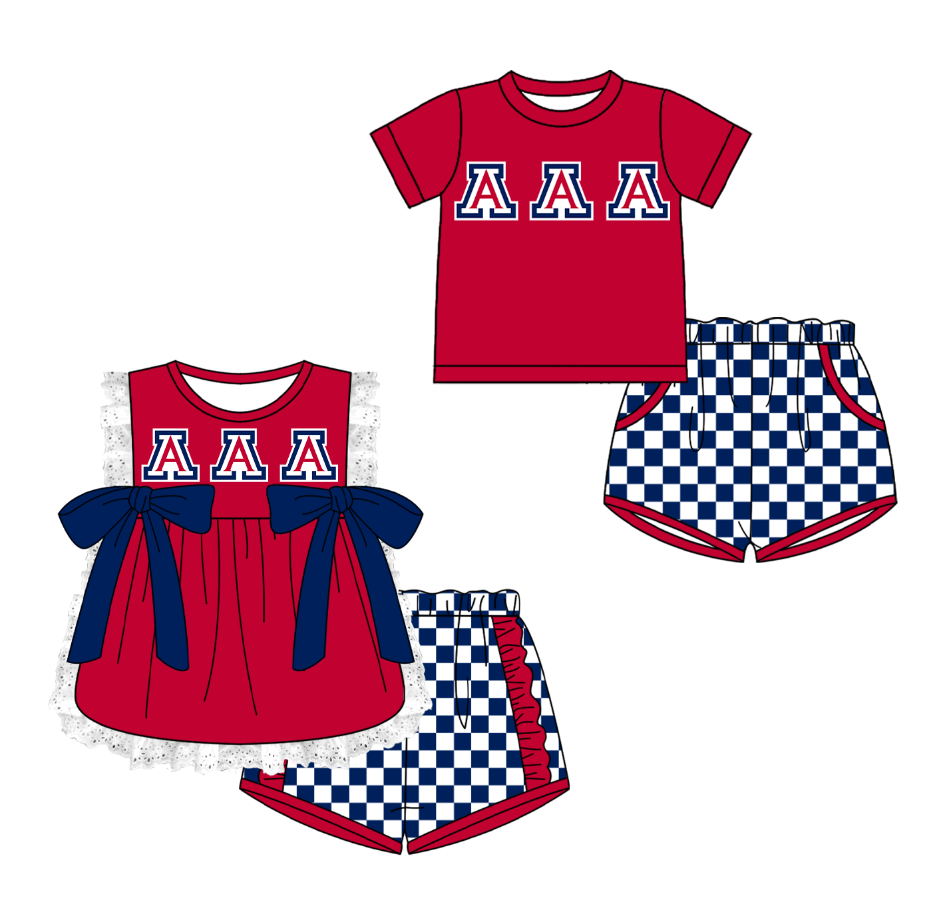 CUSTOM MOQ 5 Cute Comfortable Clothing For Kids Sibling Boys Baby Girls Summer Red Bow Top Blue Checked Shorts Team Clothes Sets