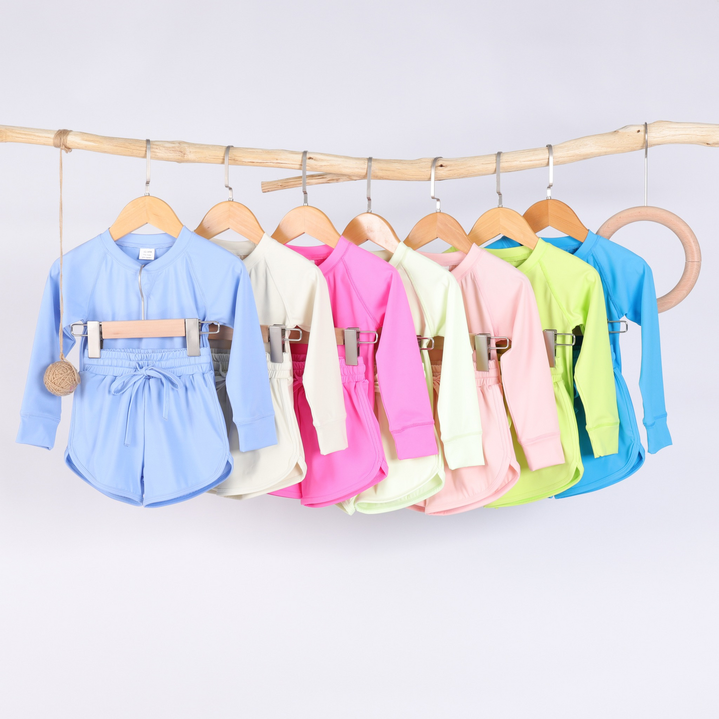 pre order Light Blue Long Sleeve Yoga Top Shorts Set for Kids Girls - Comfortable Breathable Children's Active Wear