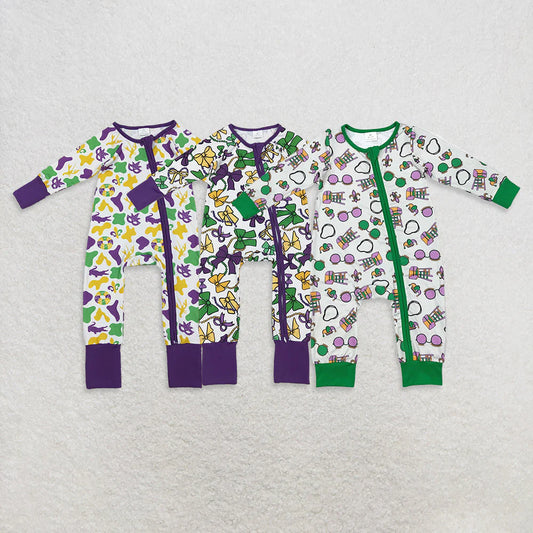 10.22 RTS Sibling Baby Boys Girls Long Sleeves Mardigras Two Way Zip Convertible Rompers