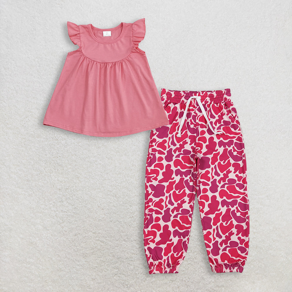 3.11 RTS NO MOQ (In stock)GT0462 + P0696 Baby Girls Dark Pink Flutter Sleeve Tunic Tops Hot Pink Camo Pockets Jogger Pant Bottoms
