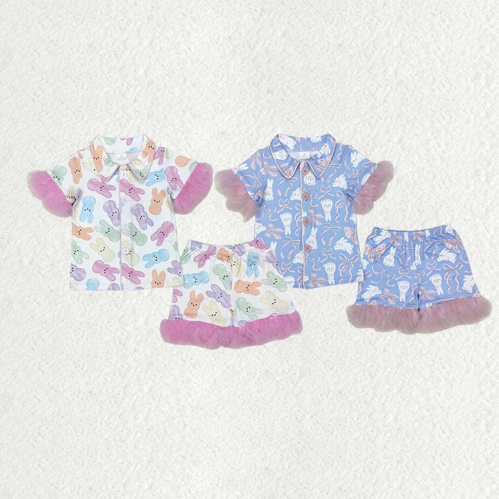10.4 RTS Sibling Baby Girls Easter Rabbits Bows Fur Shirts Shorts Pajamas