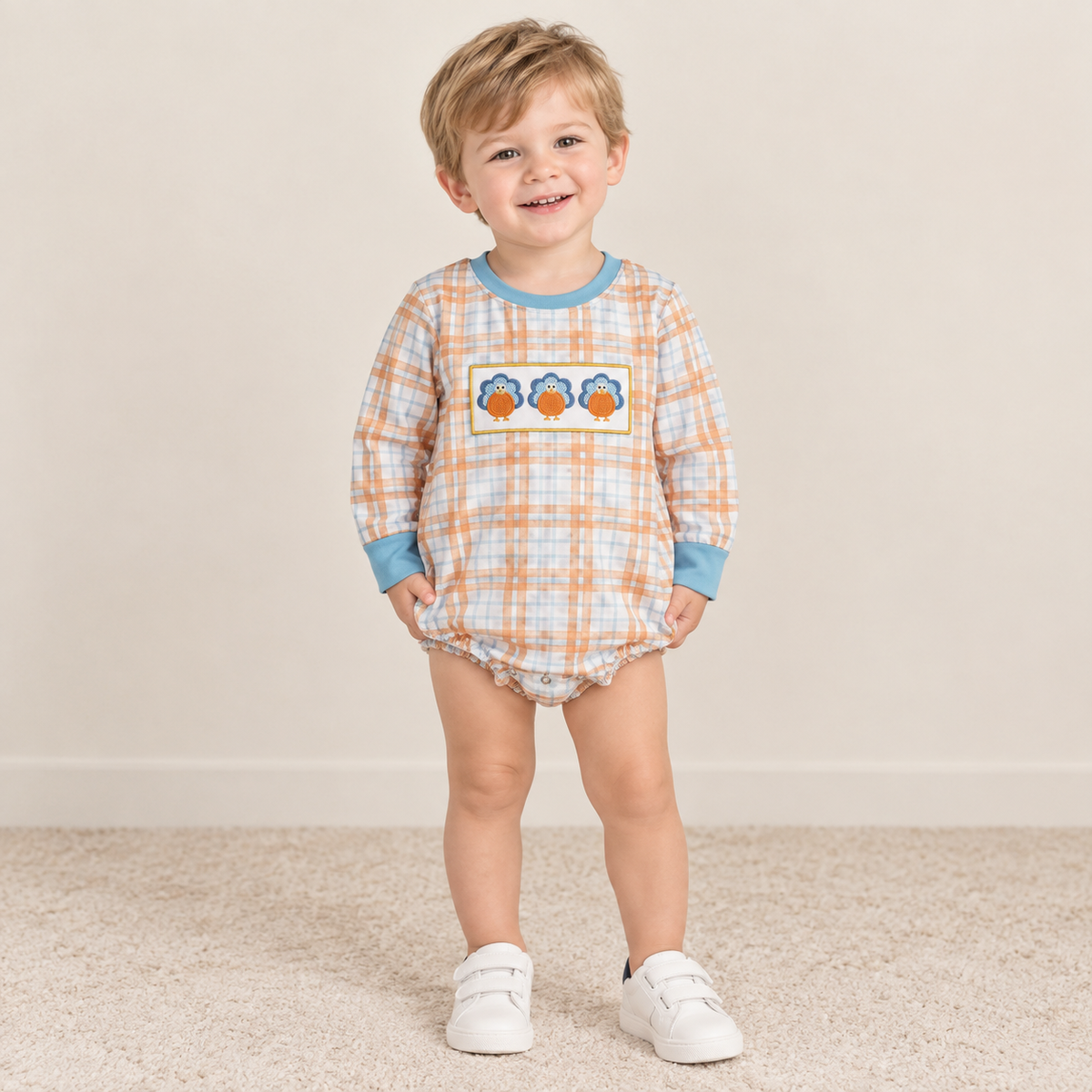 RTS NO MOQ milk silk LR3138 Embroidery Pumpkins Turkey Baby Boys Thanksgivings Checked Rompers