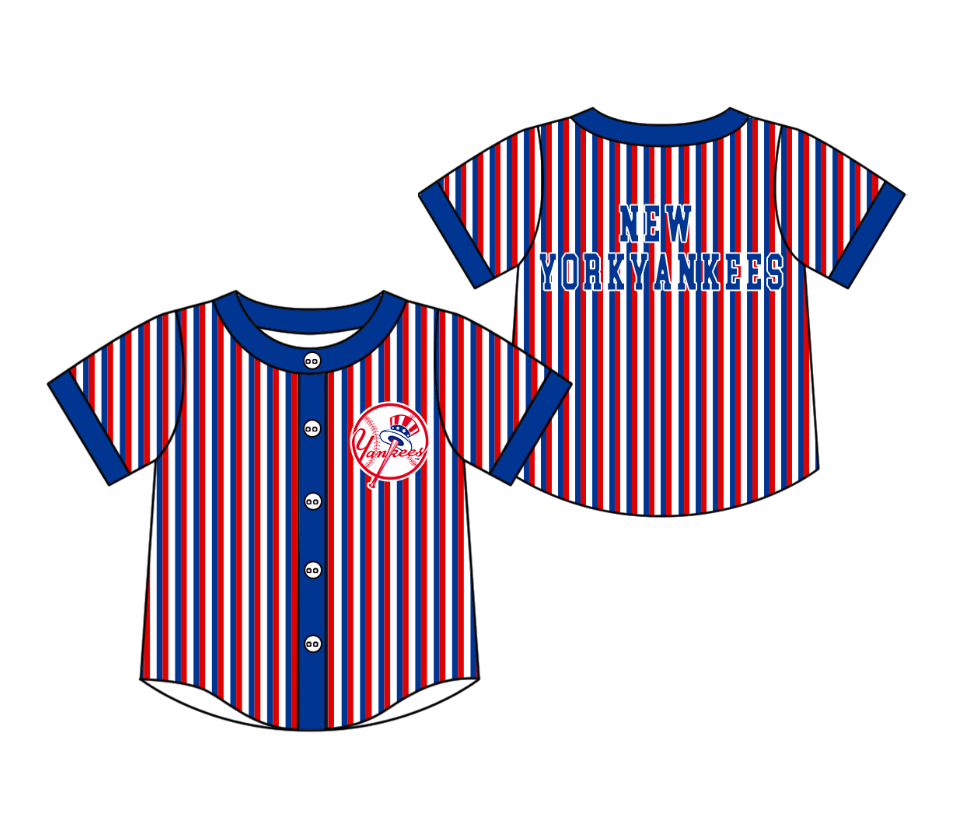 CUSTOM MOQ 5 Cute Kids Clothing Baby Kids Blue Red Stripe Short Sleeve Team T-shirts Top