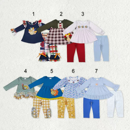 9.19 RTS Sibling Baby Girls Sibling Baby Girls Embroidery Turkey Long Ruffle Sleeves Pants Thanksgiving Clothes Sets