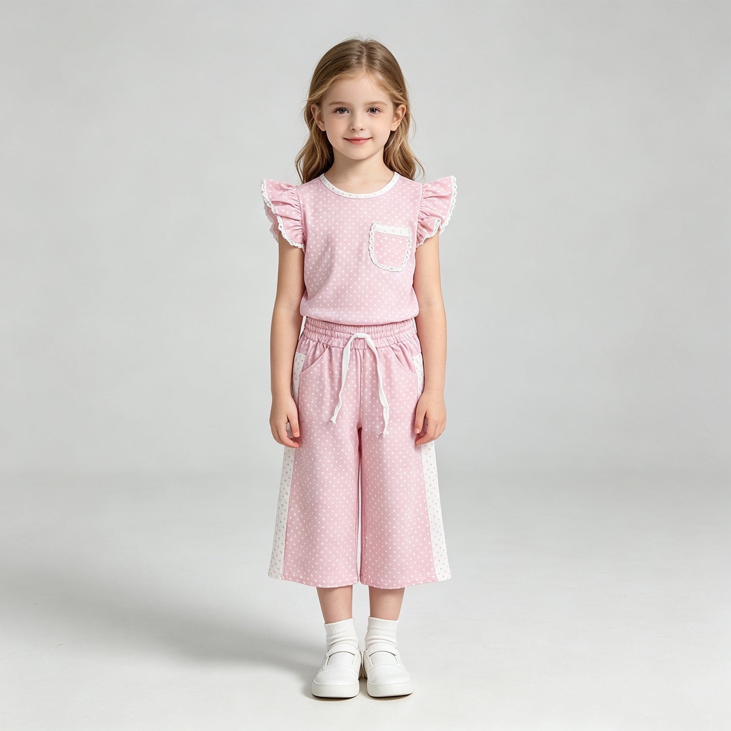 GSPO2330 RTS NO MOQ (In stock)Pink polka dots flutter sleeves top pants girls outfits