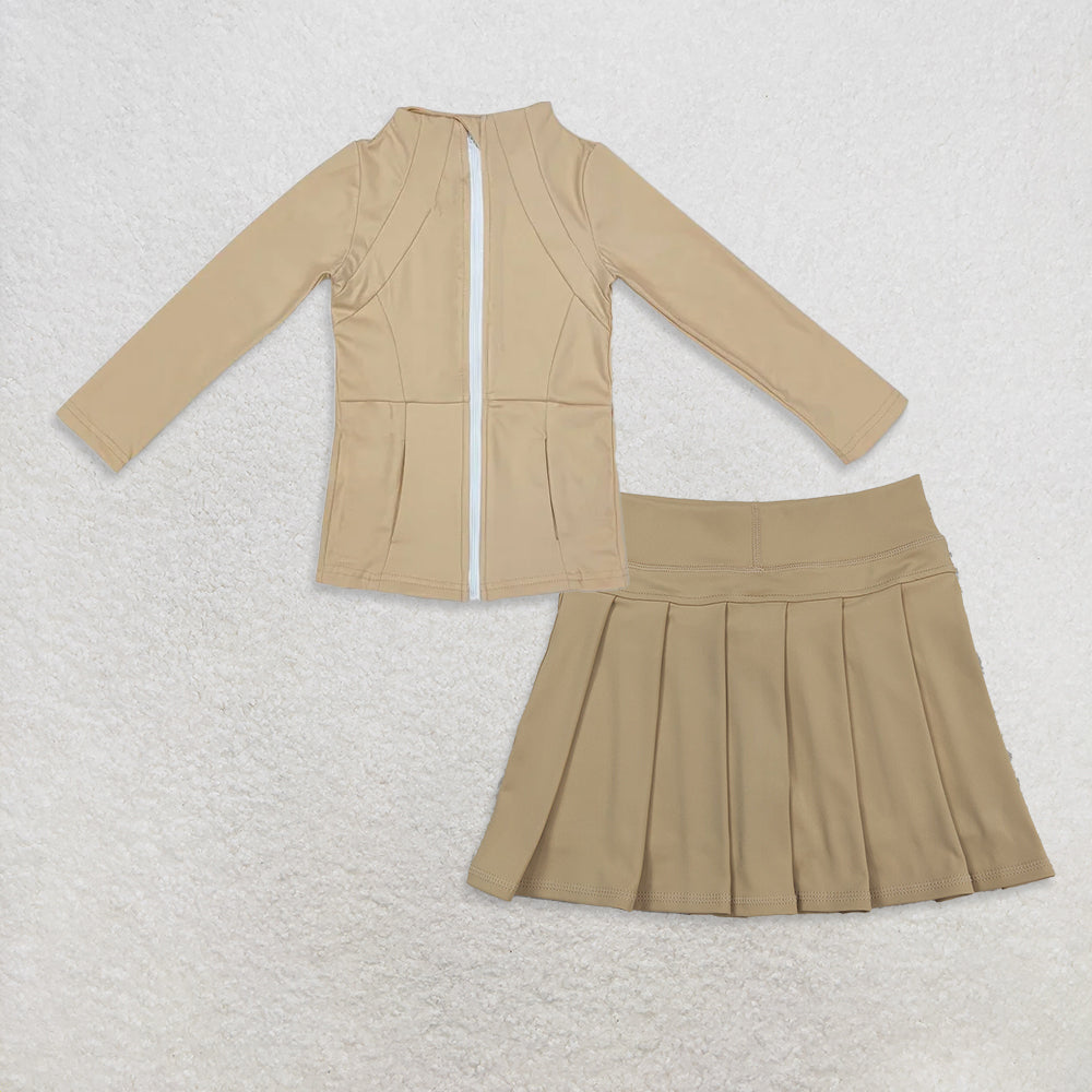 10.31 RTS NO MOQ (In stock)GT0681 + GLK0123 Baby Girls Khaki Zipper Pockets Jackets Skirt Shorts Yoga Active Clothes Sets