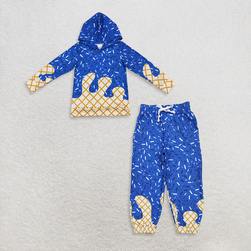 RTS Sibling Baby Girls Outfits Blue Ice Cream Sprinkle Long Sleeve Baby Kids Hoodie Pants Set Team Dress Outfit for Children