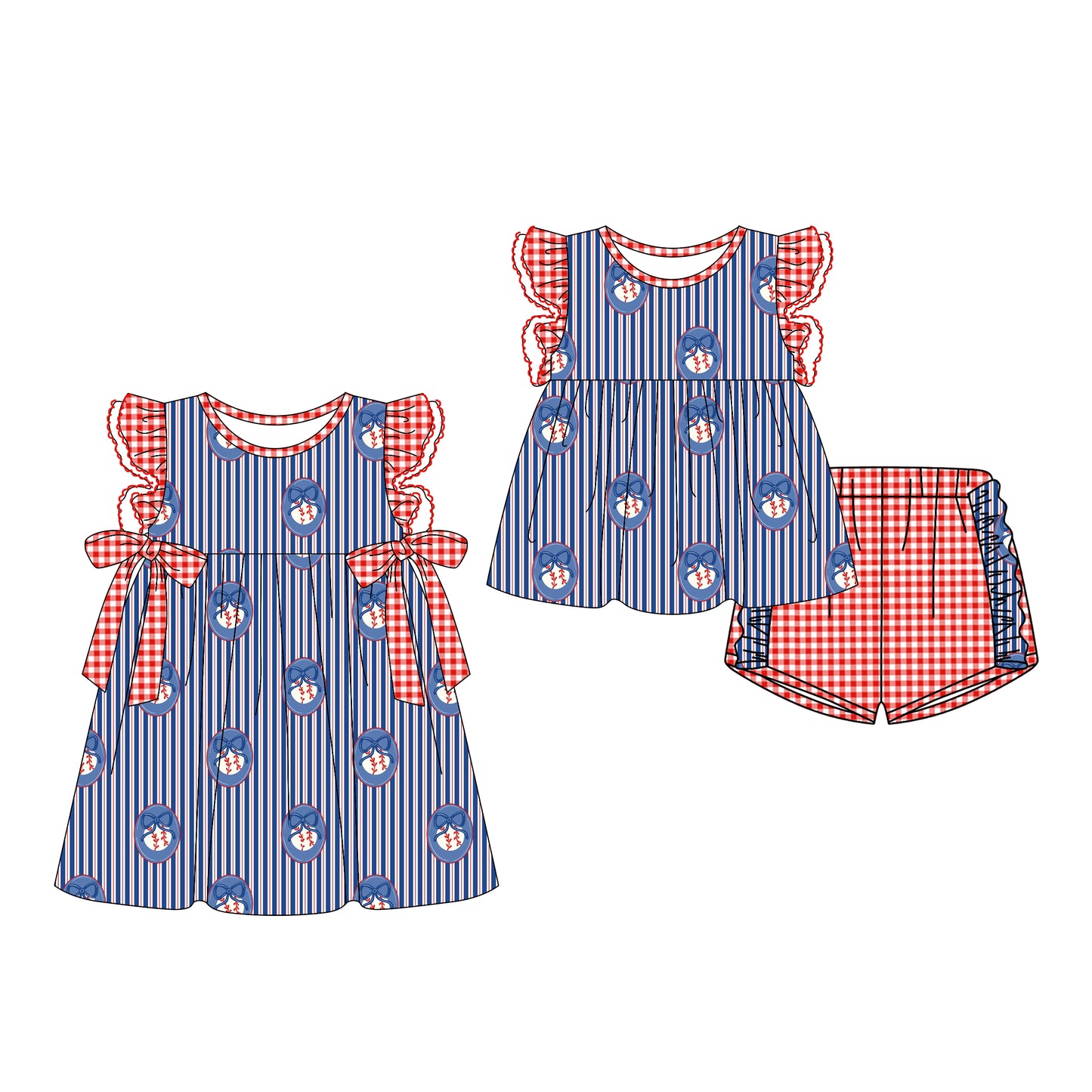 CUSTOM MOQ 5 Sibling Baby Girls Blue Baseball Flutter Sleeve Top Shorts Knee Length Dress Clothes Sets