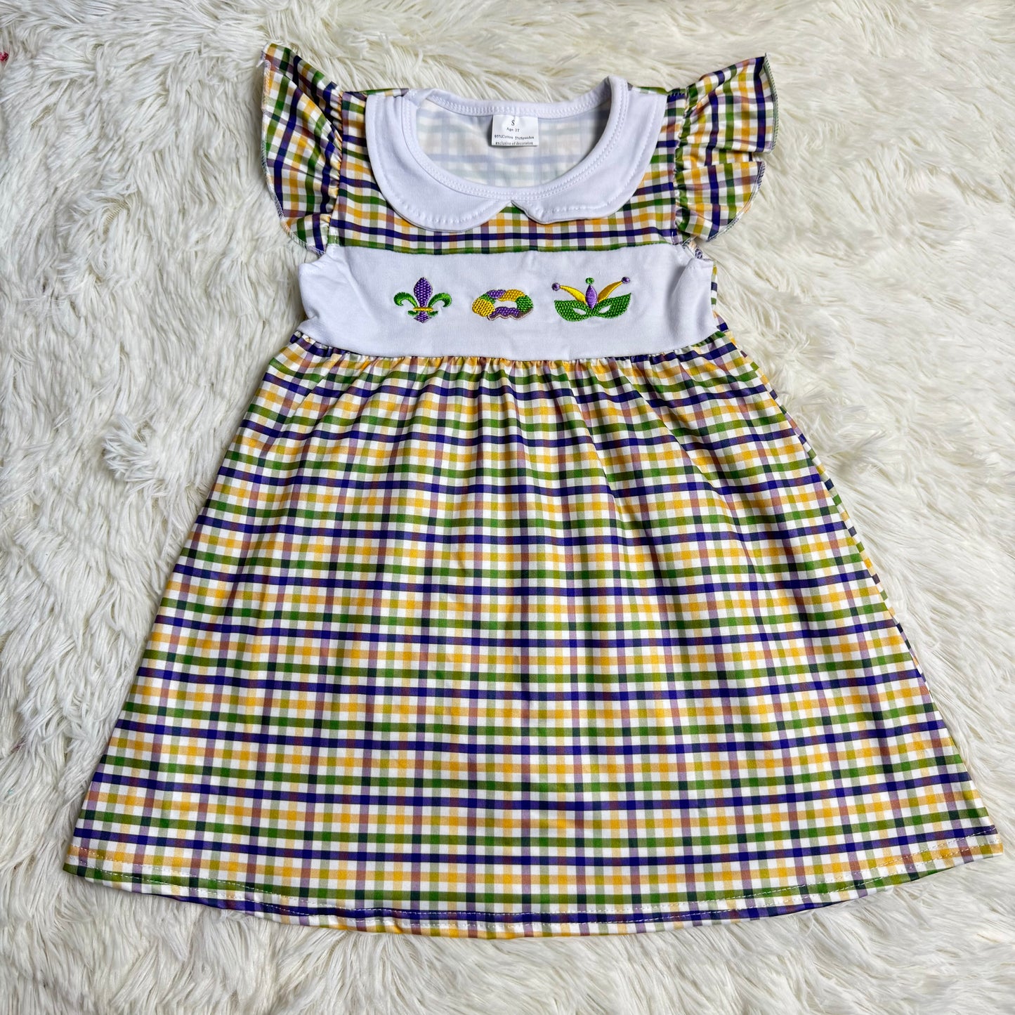 12.26 RST GSD2934 Embroidery Anchors Donuts Baby Girls Mardigras Checked Collar Knee Length Dresses