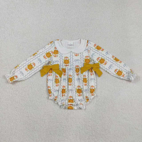 9.23 RTS Sibling Baby Girls Pumpkins Bows Stripes Fall Ruffle Clothes Sets Rompers