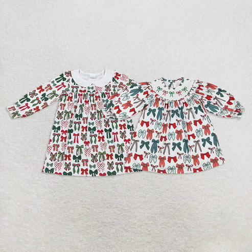9.27 RTS Sibling Baby Girls Green Red Bows Christmas Knee Length Dresses