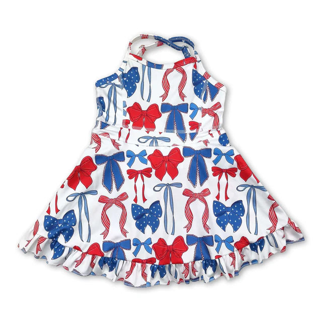 RTS Sibling Sleeveless floral flag bow girls 4th of july athletic dresses