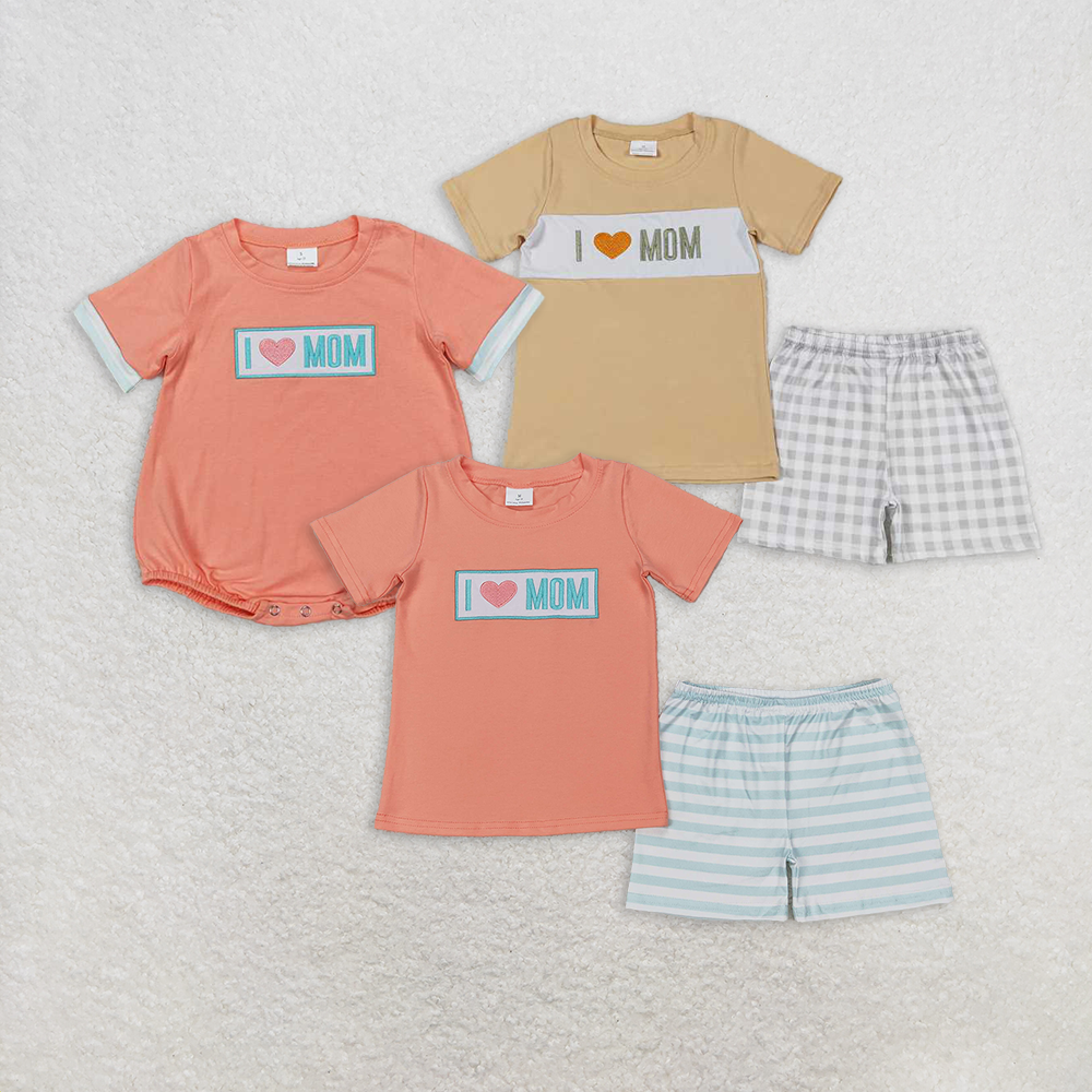 5.28 RTS NO MOQ Orange I love MOM stripe shorts boys clothing