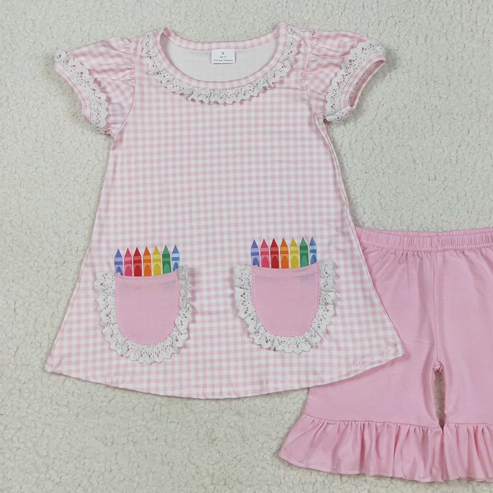 GSSO2388RTS NO MOQ Baby Girls Summer Outfits Girls Pink Plaid Crayon Top Short Set Back to School Outfit Ages 4-12 Years Old Children's Clothing Set