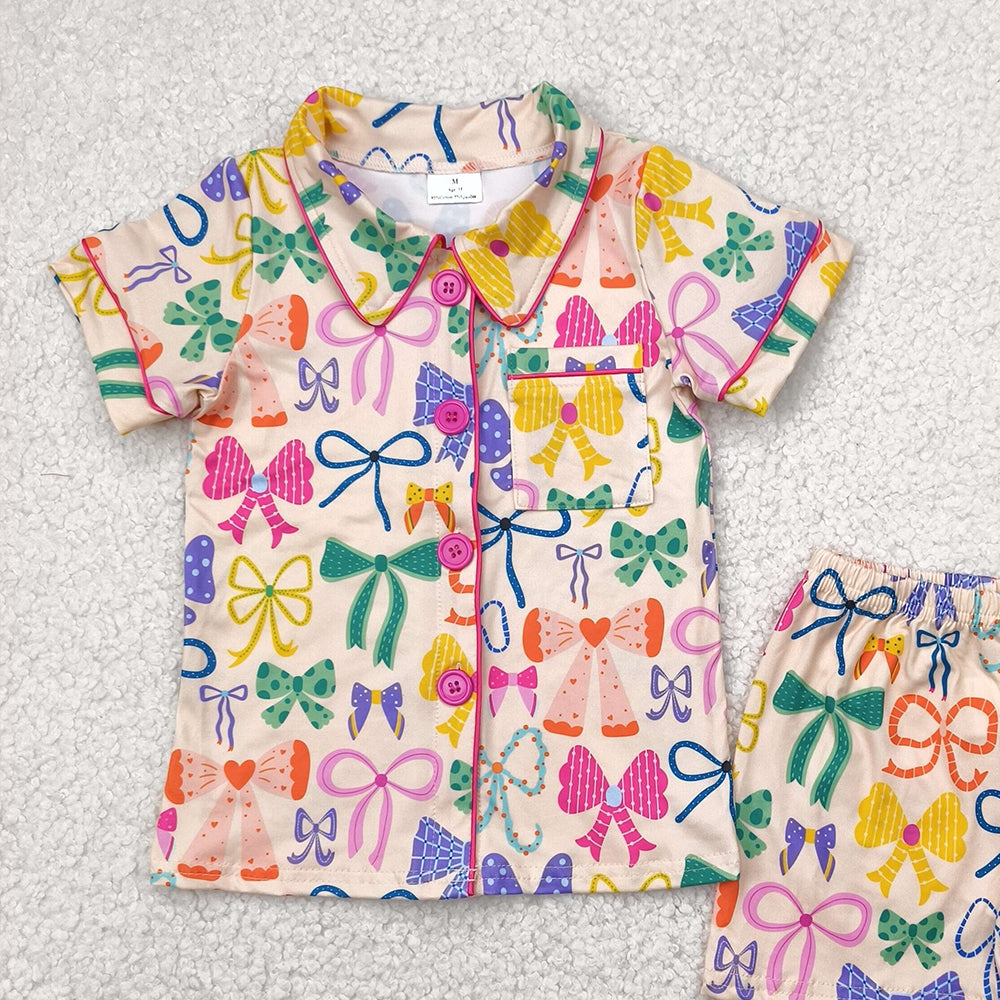 6.21 GSSO2487RTS NO MOQ Baby Girls Summer Pajamas Outfits Baby Girls Colorful Bows Button Pocket Top Short Pajamas Set