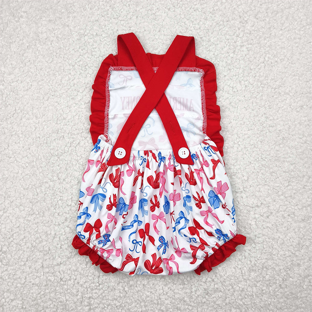7.22 SR3048 RTS NO MOQ Baby Girls Summer Rompers American honey bows baby girls 4th of july romper