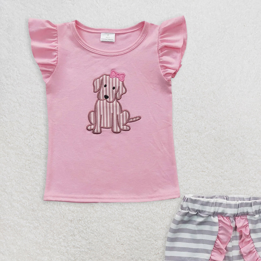 GSSO0223RTS NO MOQ Baby Girls Summer Outfits Pink dog shirt stripe shorts kids girls outfits