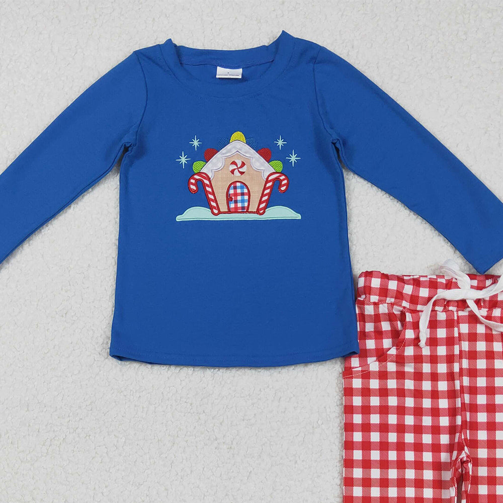 RTS NO MOQ (In stock)BLP1151 Baby Boys Winter Outfits Embroidery Christmas Candy Cane Print Long Sleeve Top with Pockets Red Plaid Pants Two-Piece Outfit Set