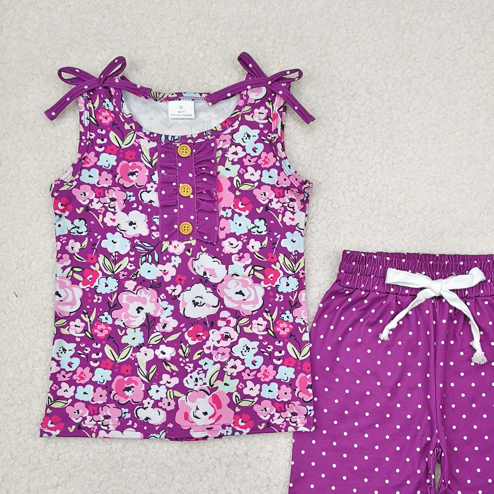 4.11 GSSO2358 RTS NO MOQ Baby Girls Summer Outfits Sleeveless purple floral top polka dots shorts girls clothes