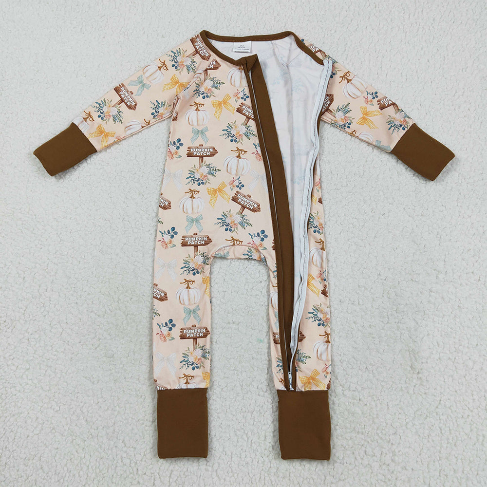 RTS NO MOQ (In stock)LR2462 Baby Boys Winter Rompers Baby Boys Fall Pumpkins Bows Fall Zipper Footie Rompers