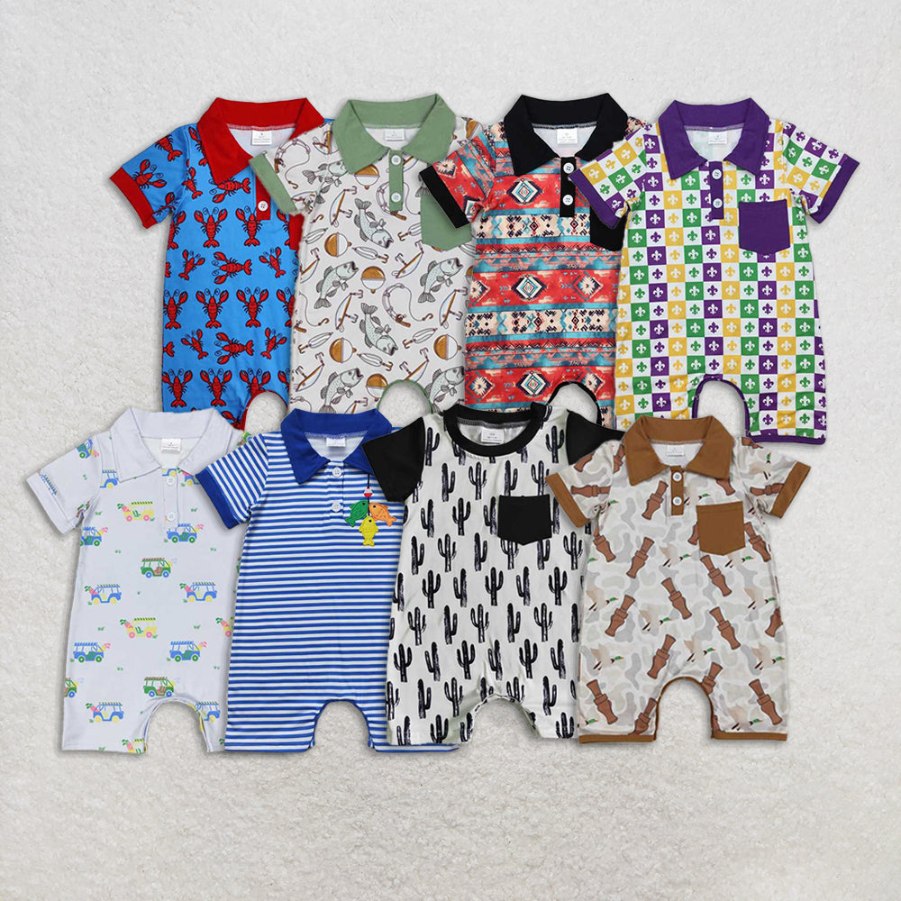 4.22 RTS NO MOQ Baby Boys Short Sleeve Polo Romper with Pocket Fishing Theme Casual Outfit for Toddlers
