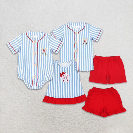 RTS NO MOQ Girls Stripe Baseball Bow Top Ruffle Shorts Outfit Set Cute Polka Dot Blouse Spring Summer Breathable Cotton Clothes