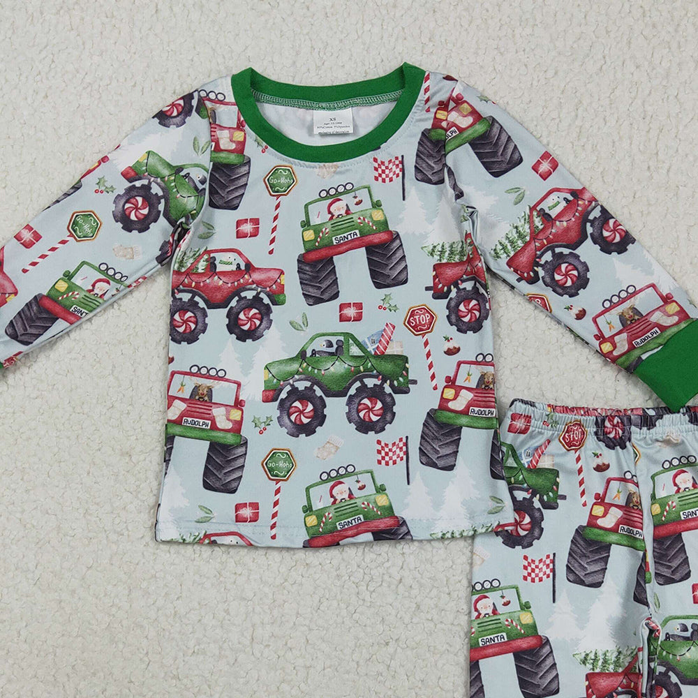8.22 RTS NO MOQ (In stock)BLP1087 Baby Boys Winter Outfits Baby Boys Long Sleeves Trucks Trees Flags Top Pant Pajamas Set