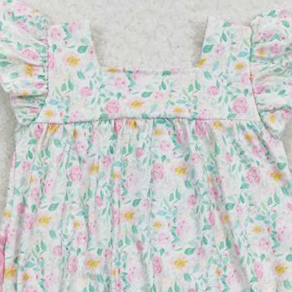 SR0805Pink Ruffle Floral Romper Baby Girls Summer Casual Outfit Soft Cotton Clothing for Little Girls Cute Infant Dress