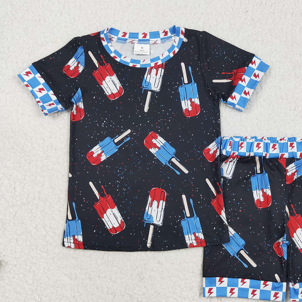 BSSO1401 RTS NO MOQ Baby Boys Summer Boys Outfits Baby Boys Black Short Sleeves Popsicle Shirt Shorts 4th Of July Pajamas Sets