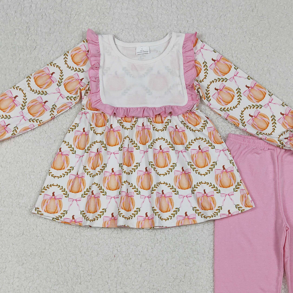 RTS NO MOQ (In stock)GLP2427 Baby Girls Winter Outfits Fall Pumpkins Bows Plaid Tunic Flame Pants Sets