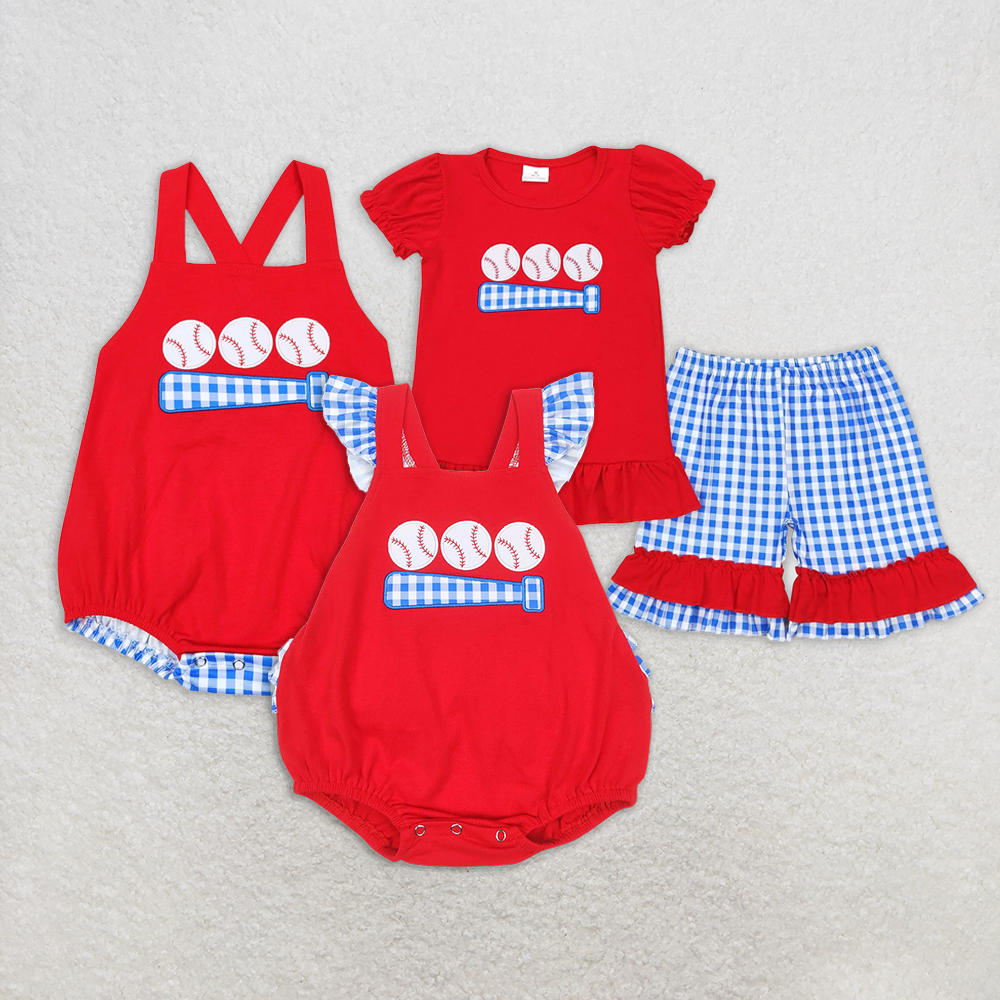 6.16 RTS NO MOQ Short sleeves red baseball top plaid shorts girls clothes rompers
