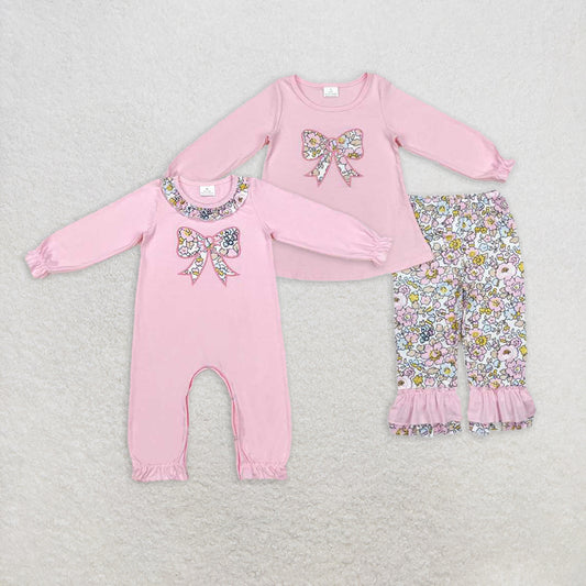 RTS NO MOQ Spring Floral Bow Pink Outfit and Romper Girls Sister Sibling Wear
