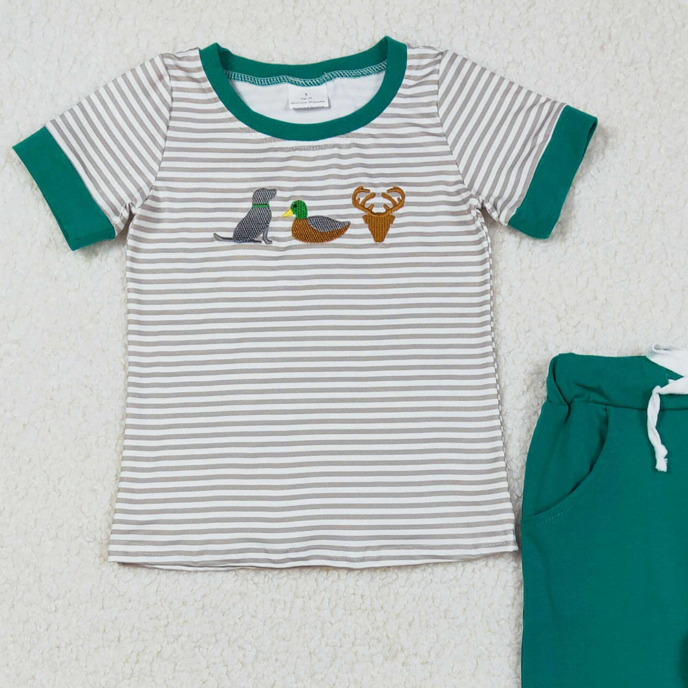 RTS NO MOQ (In stock)BSPO0154 Baby Boys Autumn Outfits Embroidery Baby Boys Stripes Duck Pants Clothing Sets