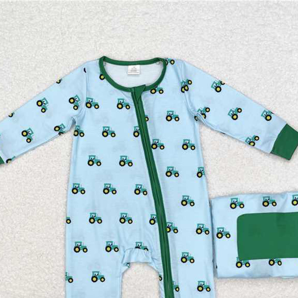 USA Shop (in stock)LR1253 RTS NO MOQ Baby Boy Winter Rompers Long sleeves green tractor boy bamboo zipper farm romper