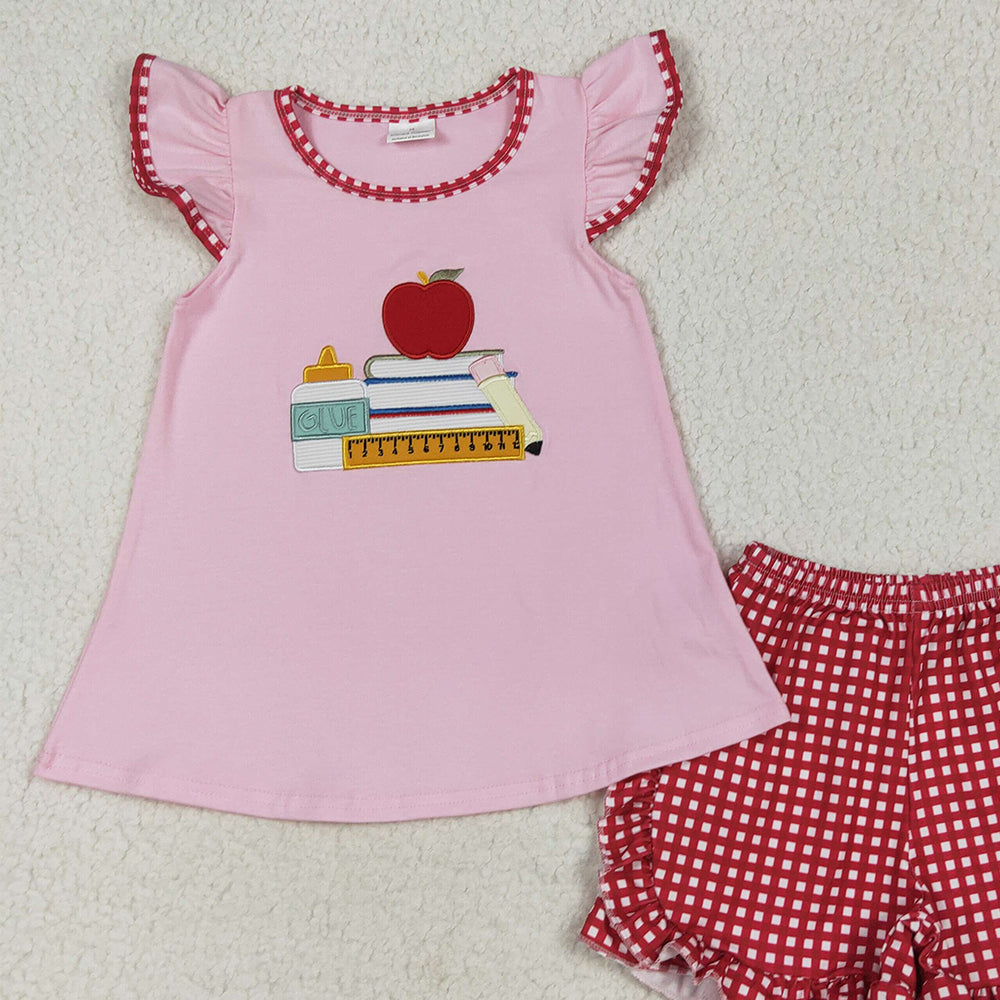 USA Shop (in stock)GSSO2069 RTS NO MOQ Baby Girls Summer Outfits Baby Girls Pink Sleeveless Apple Pencil Top Plaid Ruffle Shorts Set