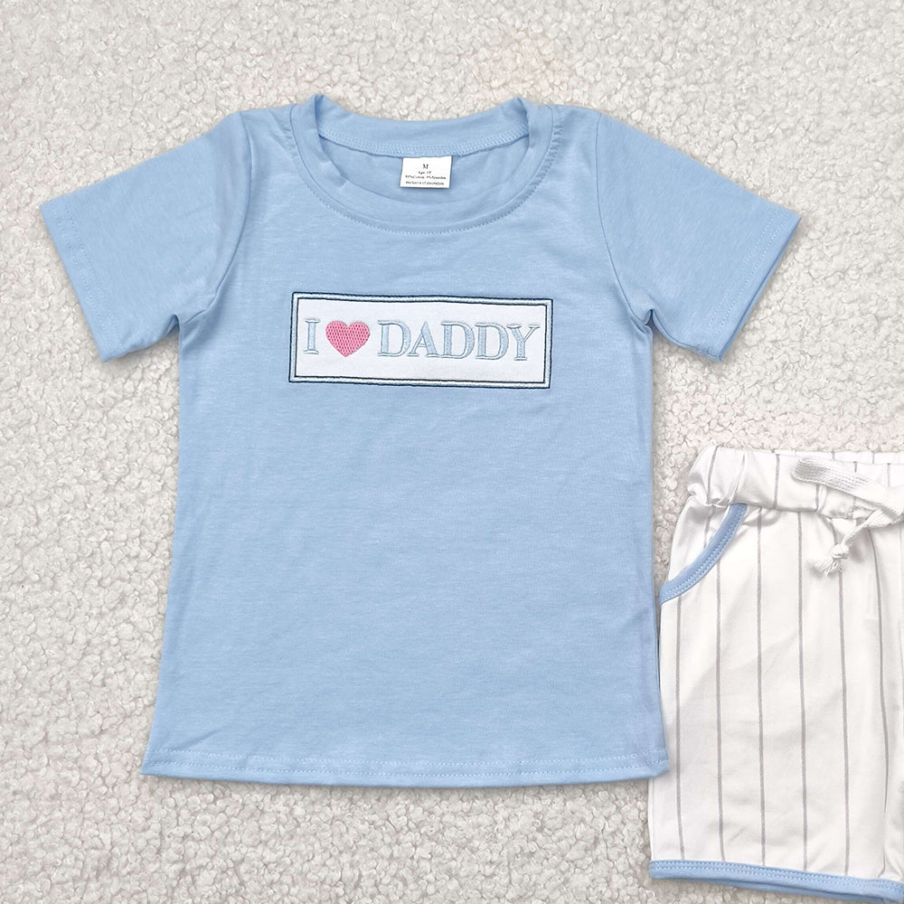 7.19 BSSO1434 RTS NO MOQ Baby Boys Summer Boys Outfits Embroidery Baby Boys Blue Short Sleeves I LOVE DADDY Top Stripe Pockets Short Set