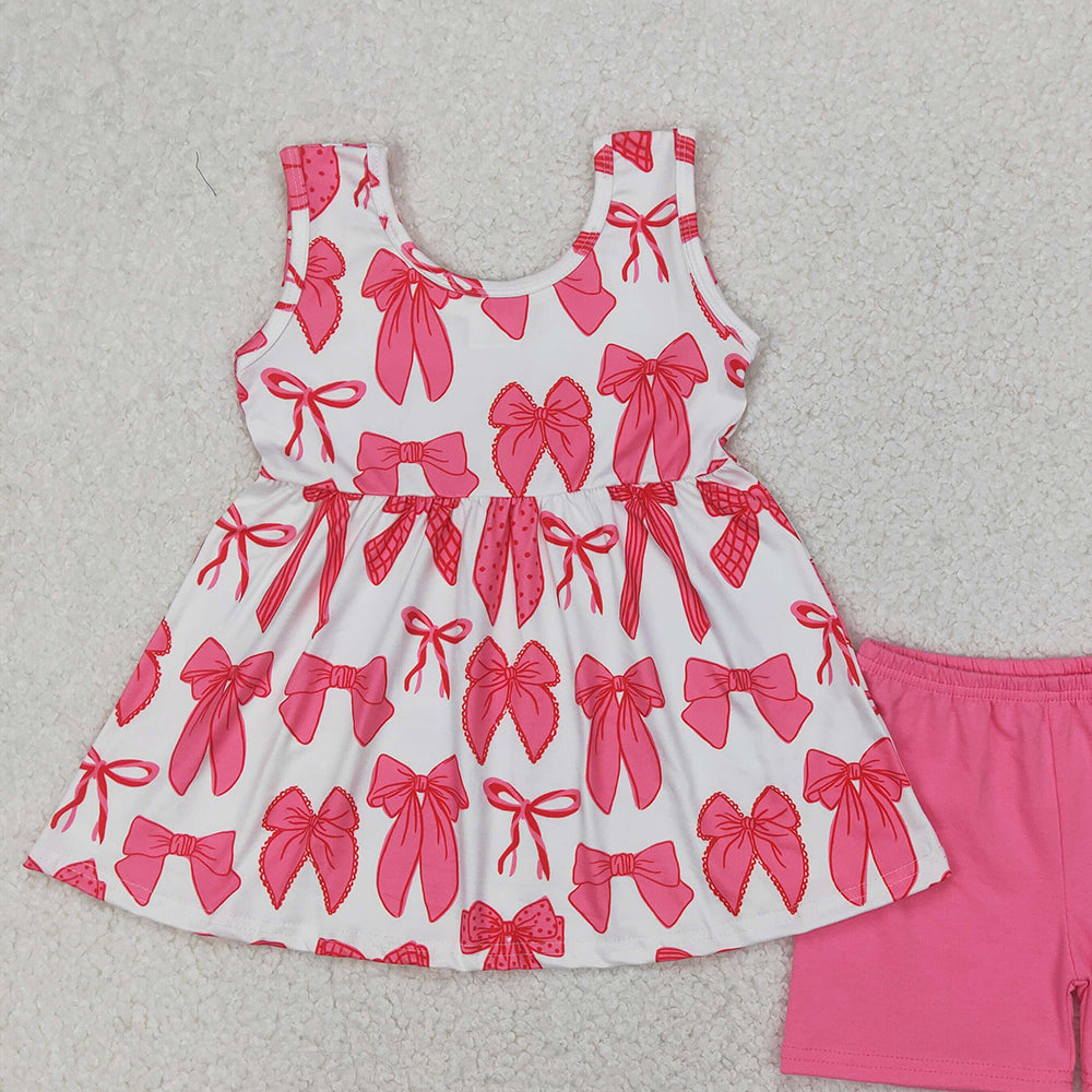 4.28 GSSO2450 RTS NO MOQ Baby Girls Summer Outfits Sleeveless pink bow tunic shorts girls summer clothes