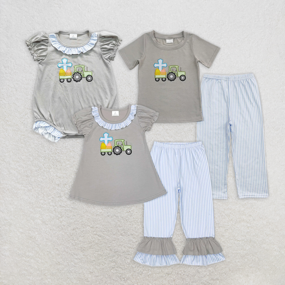 6.16 RTS NO MOQ Eggs cross truck tunic ruffle pants girls boys easter clothing