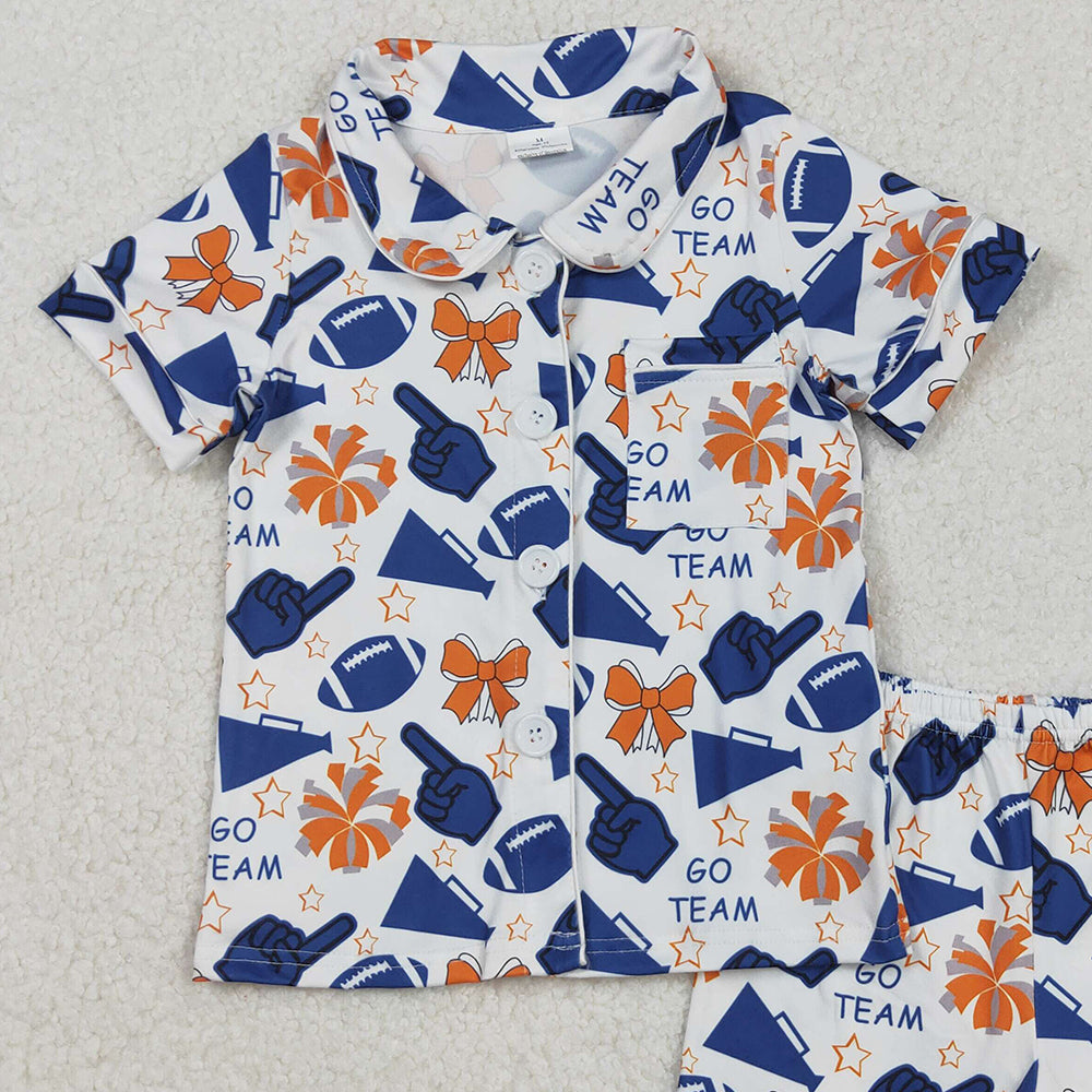 RTS NO MOQ (In stock)GSSO2675 Baby Girls Summer Pajamas Outfits Navy Cheer Team Football Button Top Short Pajamas Set Casual Comfortable Sleepwear