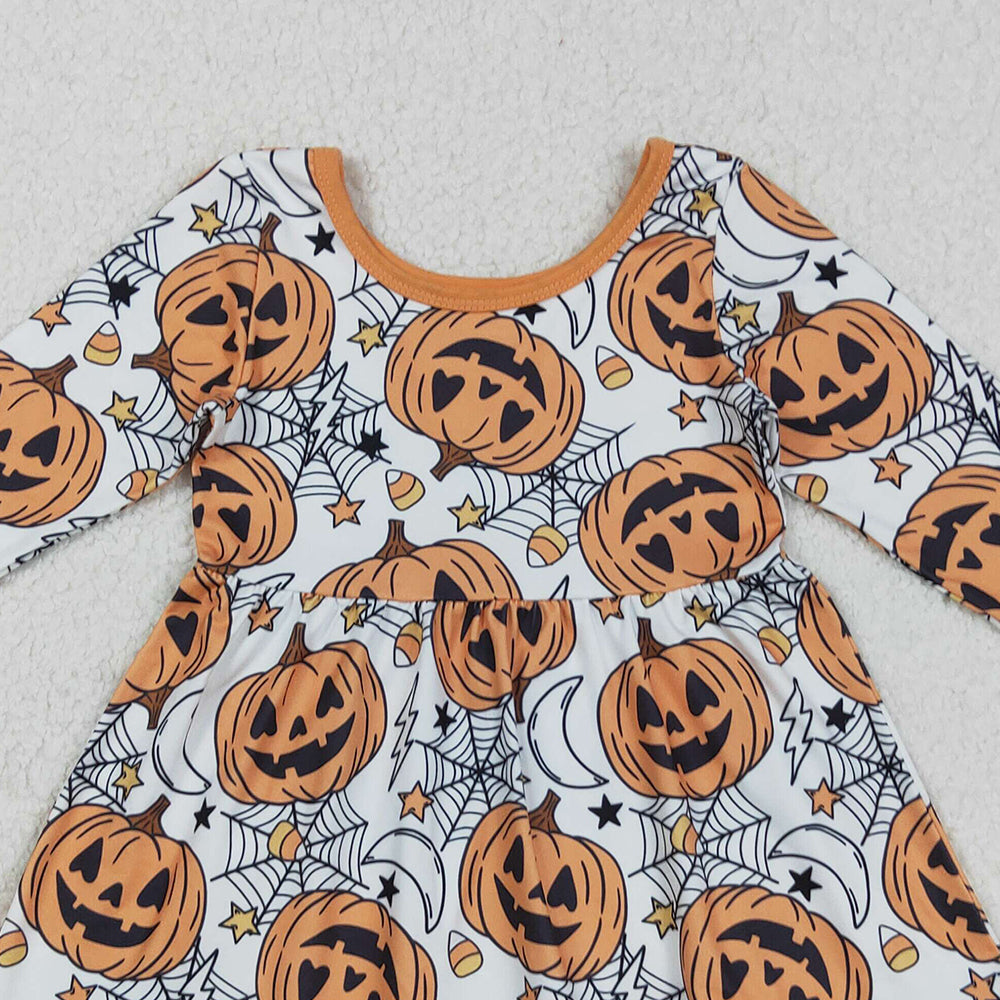 RTS NO MOQ (In stock)GLD1258 Baby Girls Winter Dress Halloween Ghost And Pumpkins Ruffle Knee-Length Dresses