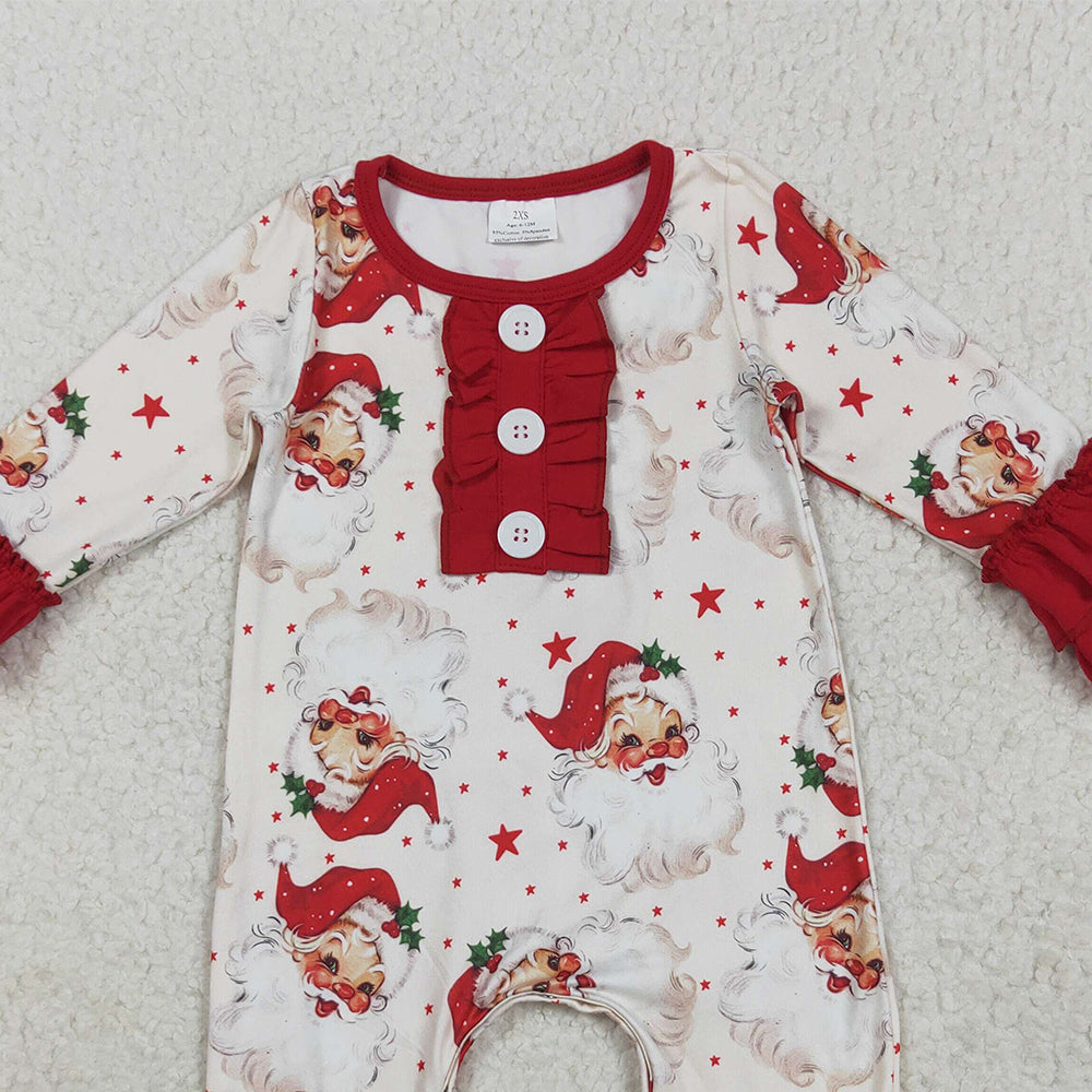 8.20 RTS NO MOQ (In stock)LR2395 Baby Girls Winter Rompers Baby Girls Christmas Long Sleeves Santa Stars Button Ruffle Rompers