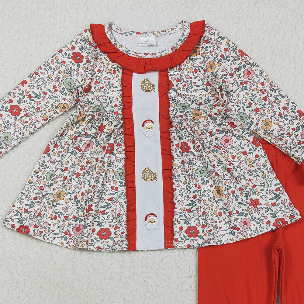 8.23 RTS NO MOQ (In stock)GLP2365 Baby Girls Winter Outfits Embroidery Santa Cookie Baby Girls Red Floral Tunic Ruffle Pants ChristmasSet